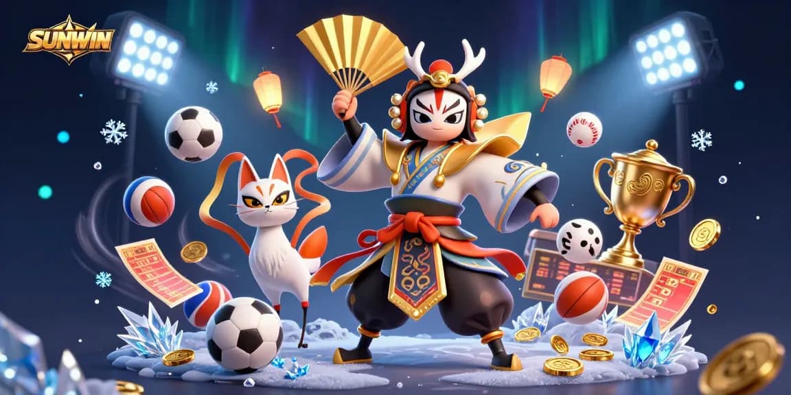 SUNWIN offers an exciting betting experience with vibrant characters and dynamic sports elements in this engaging illustration.