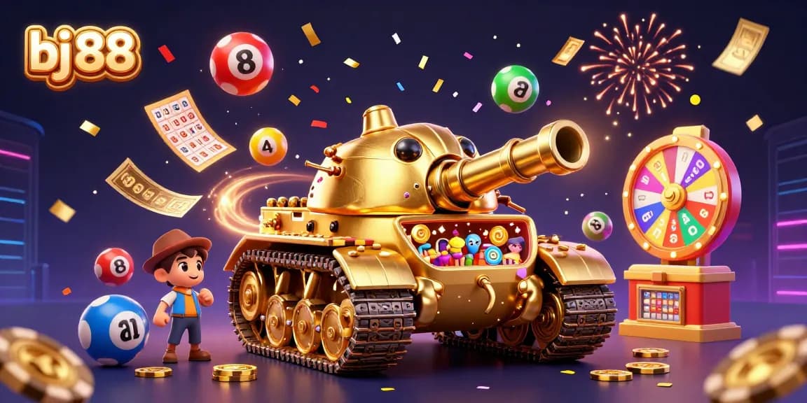 Experience thrilling gaming action with bj 88 in a vibrant casino scene featuring a golden beetle tank.