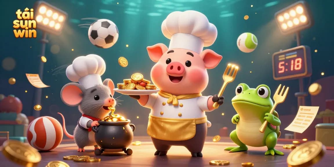 Experience the thrill of tải sun win with a vibrant 3D scene featuring a chef pig, sous-chef mouse, and food critic frog among dynamic sports elements.