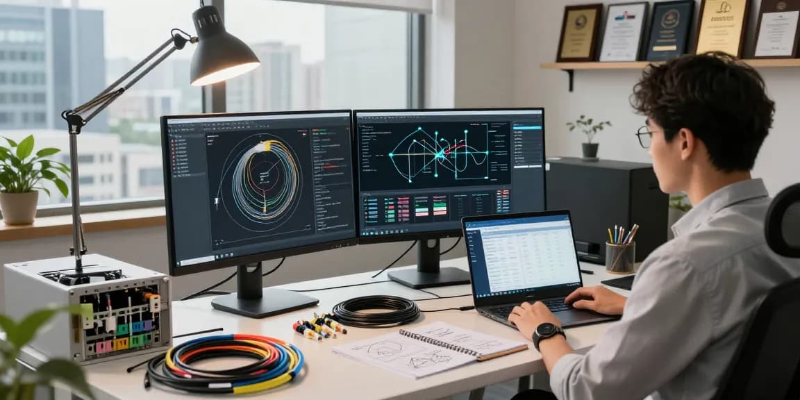 Professional engineer analyzing fiber cable schematic in a modern office