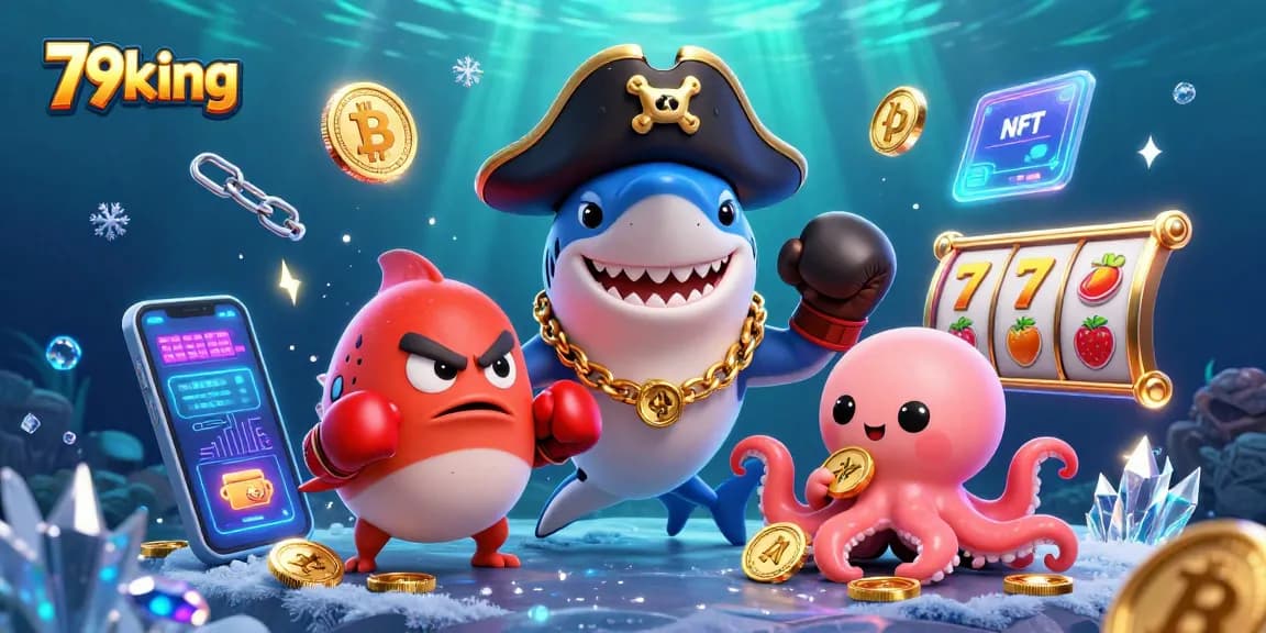 Engage with 79king in a vibrant casino adventure featuring a pirate shark, pufferfish, and gold coins.