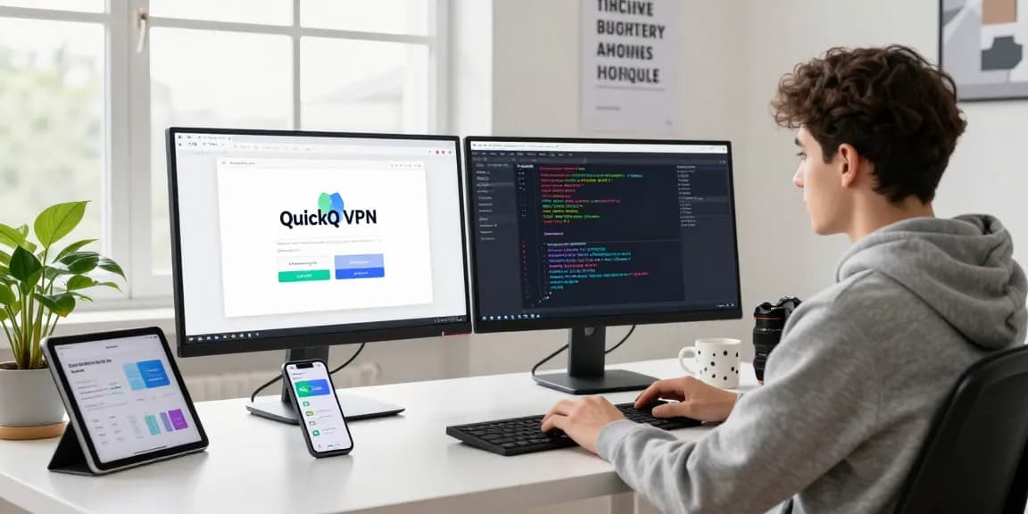 动态软件开发人员在现代工作区中使用QuickQ VPN，双屏显示器