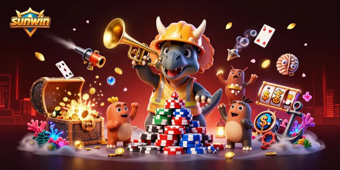Join the sunwin celebration with a triceratops building poker chips amidst vibrant casino action.