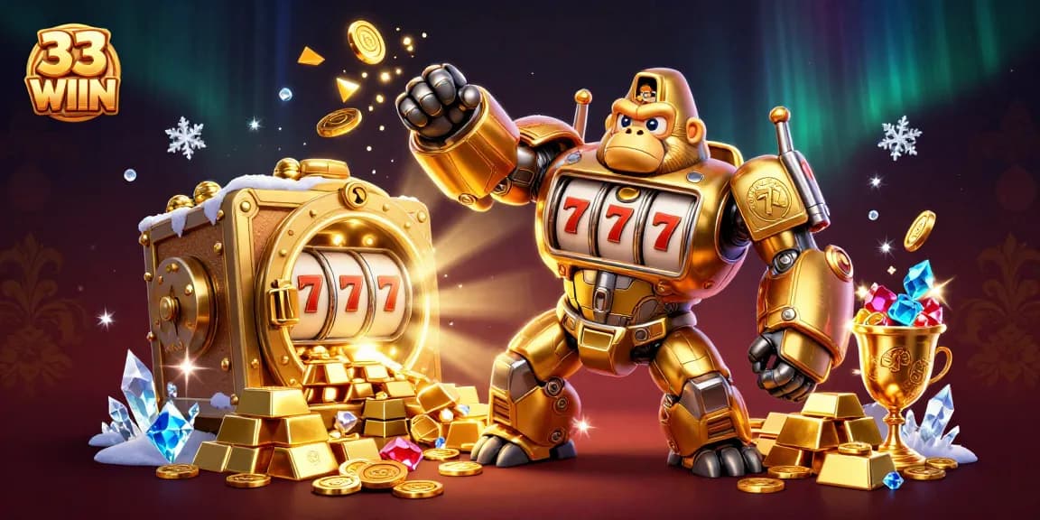 Experience the excitement of 33 WIIN with a dynamic 3D illustration of a gorilla mech and slot machines.