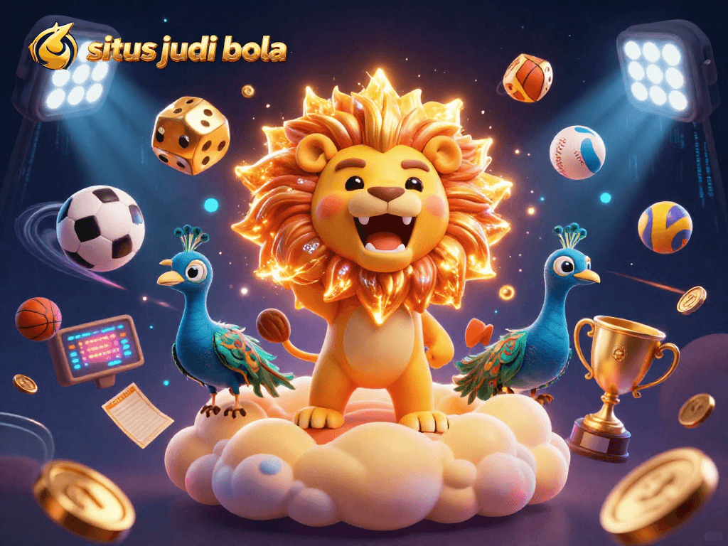 Immerse yourself in the thrilling world of situs judi bola with a vibrant 3D illustration featuring sports elements and a roaring lion.
