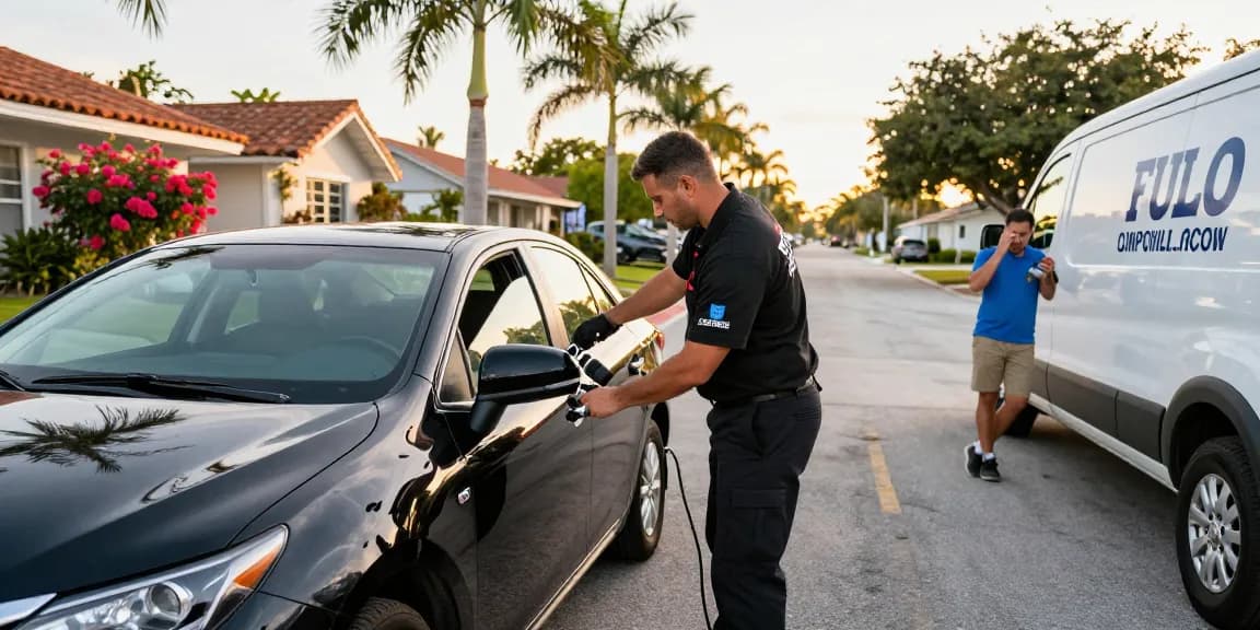 auto locksmith Fort Lauderdale unlocking a car, showcasing expert service in sunny neighborhood.