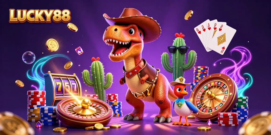 Experience the thrill of LUCKY88 with a dynamic scene featuring a cartoon dinosaur, scattered golden coins, and vibrant slot reels.