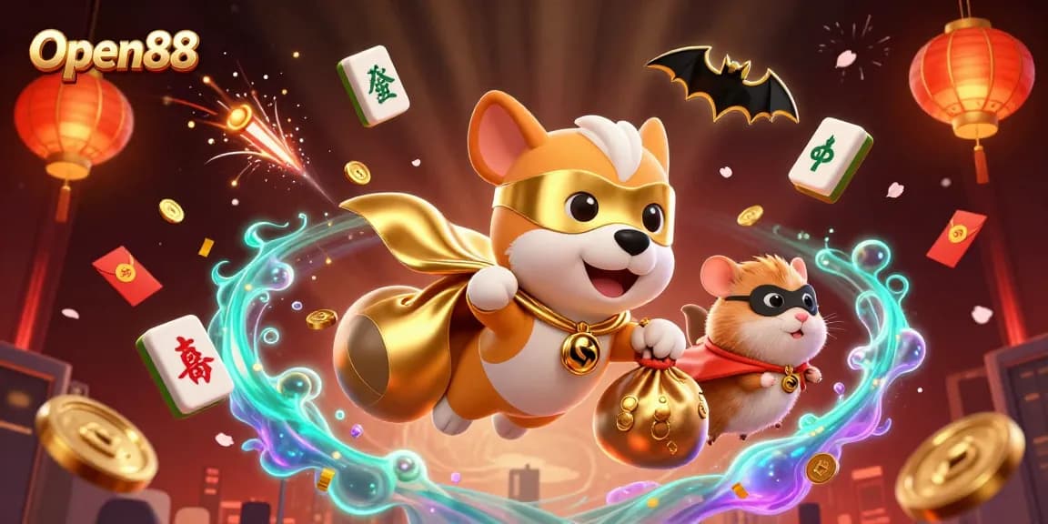 Open88 features 3D cartoon superhero dog flying with gold coins in a vibrant online casino scene.