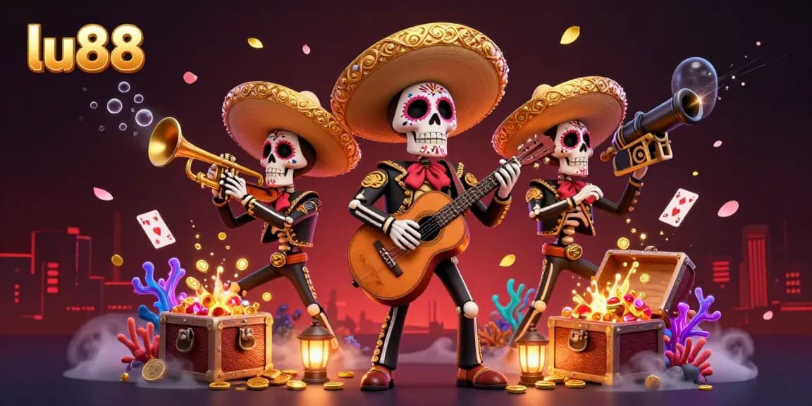 Experience winning moments at lu88 with a vibrant 3D mariachi band surrounded by casino gems and cards.