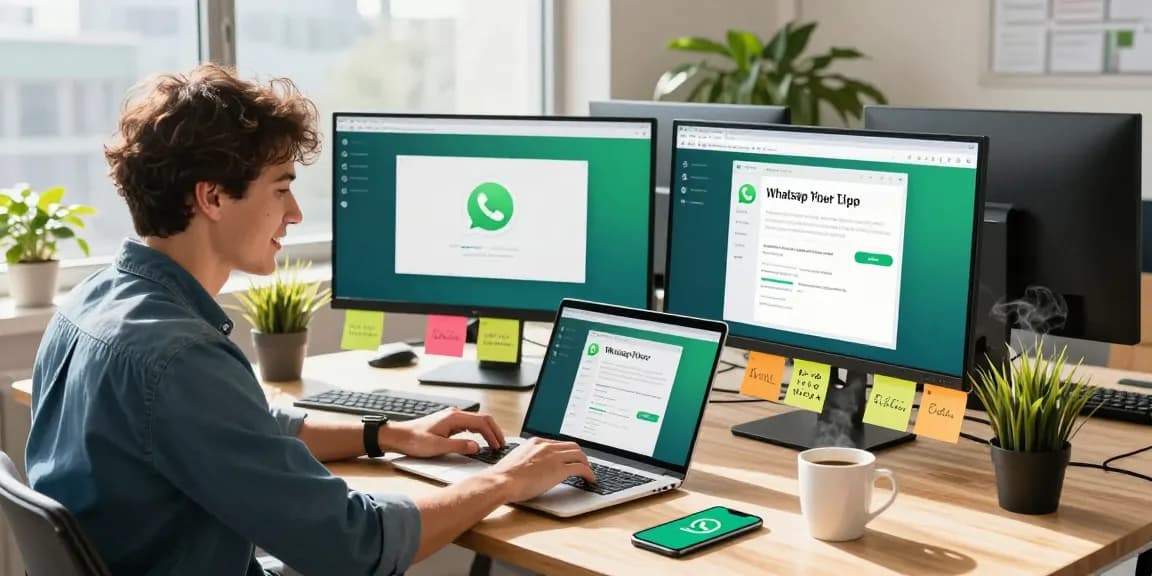 Engaging workspace with WhatsApp下載 interface designs displayed on multiple screens.