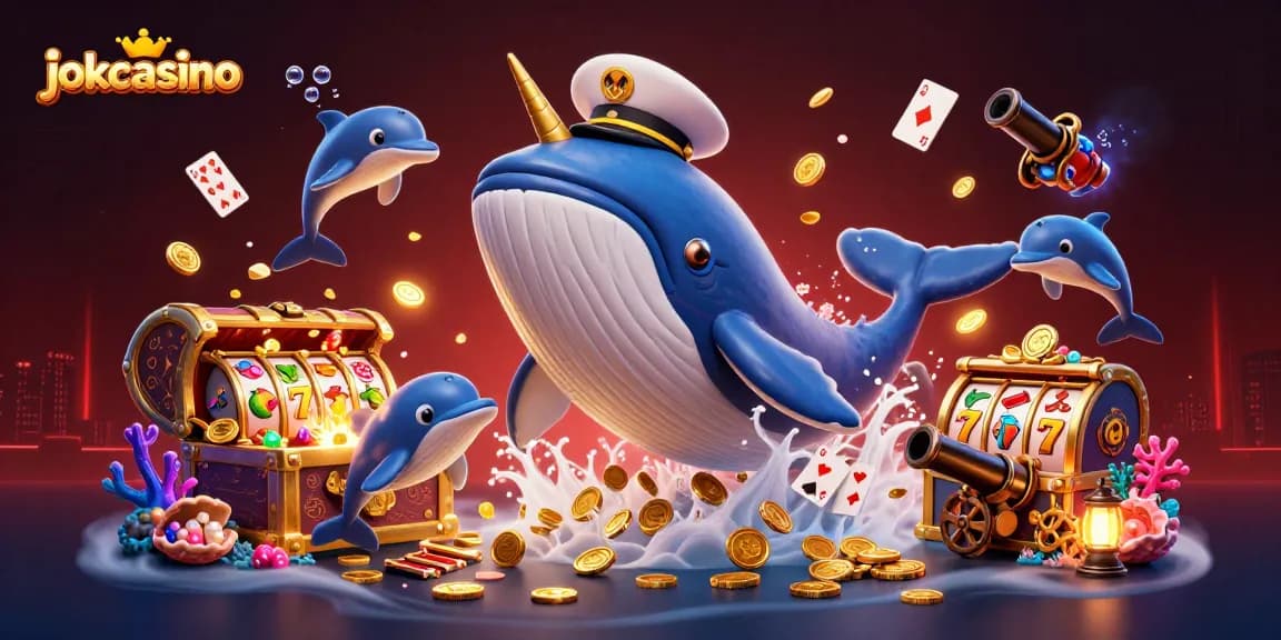 Play poker with jokacasino's thrilling cartoon scene featuring whales and slot symbols.