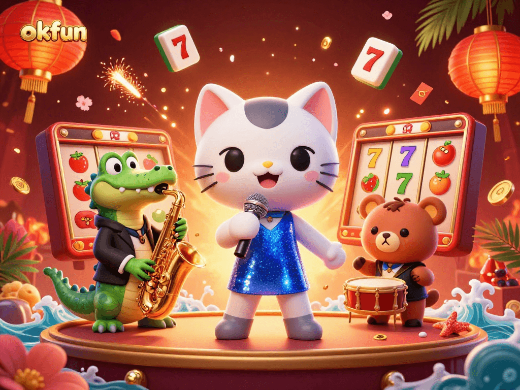 Experience exciting gameplay at okfun with lively characters in a vibrant casino scene.
