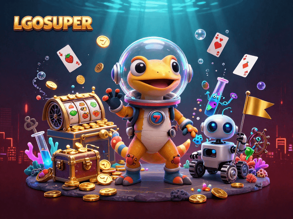 Play adventurous slots with LGOSUPER, featuring vibrant gaming elements like reels and lucky symbols.