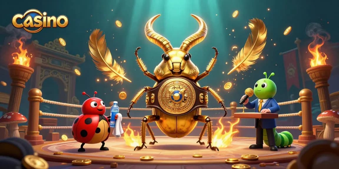 Experience exciting casino battles with a giant stag beetle champion and colorful characters.