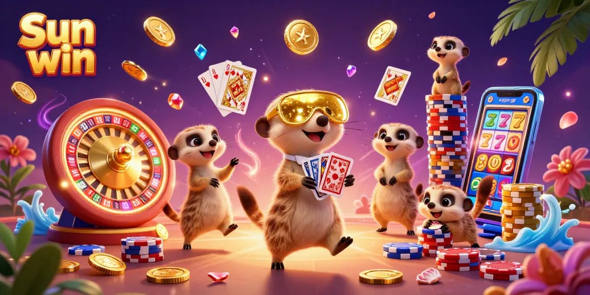 Experience thrilling excitement with Sun win as meerkats run a lively casino amidst coins and cards.