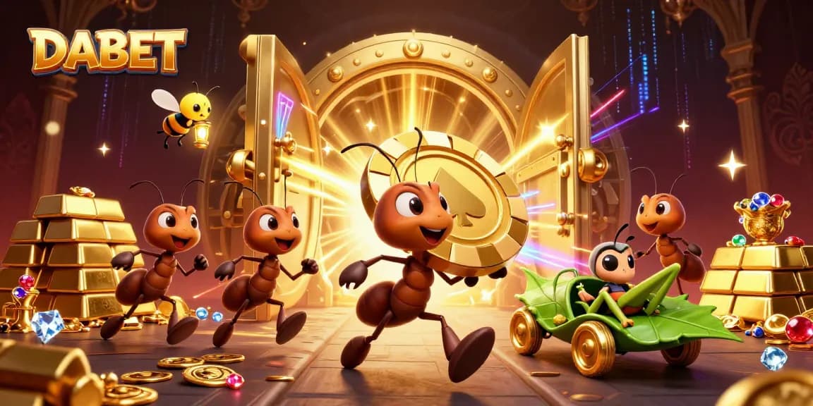 DABET offers thrilling casino experiences with ants heisting a giant poker chip amidst sparkling gold.