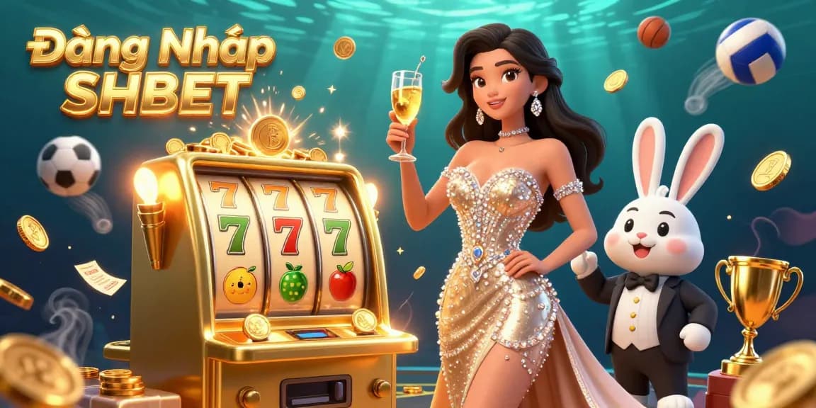 Experience excitement with Đăng Nhập SHBET at a dazzling casino scene filled with jackpots and gaming elements.