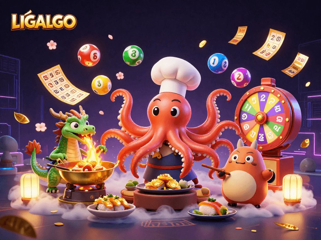 LIGALGO showcases vibrant gaming energy with a sushi chef octopus, dragon, and tanuki in a thrilling gambling scene.