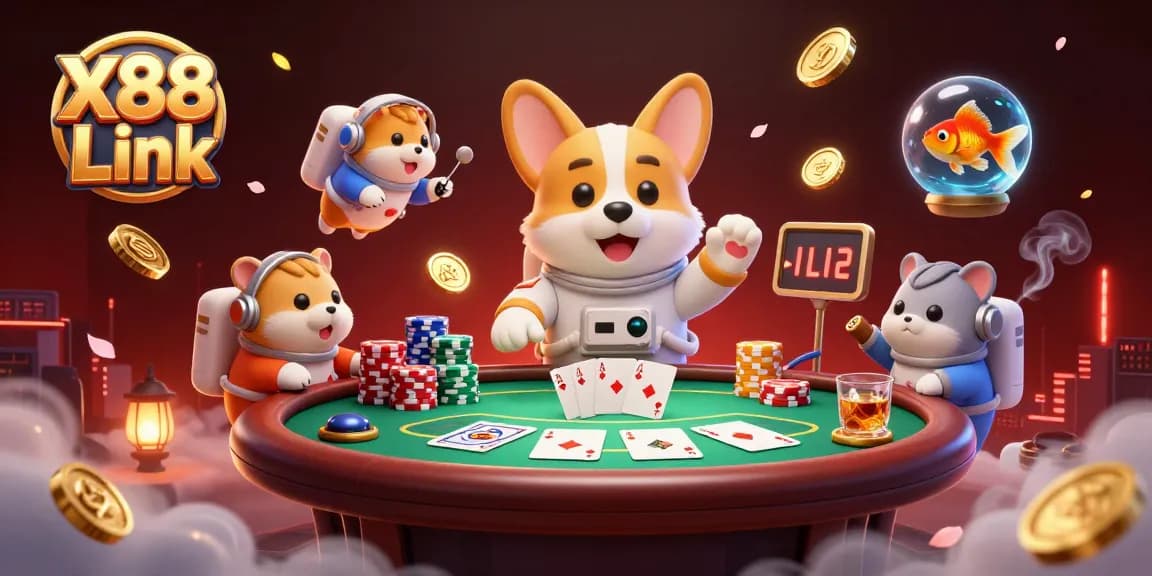 Experience thrilling gameplay at X88 Link with a cartoon astronaut corgi in a lively casino scene.
