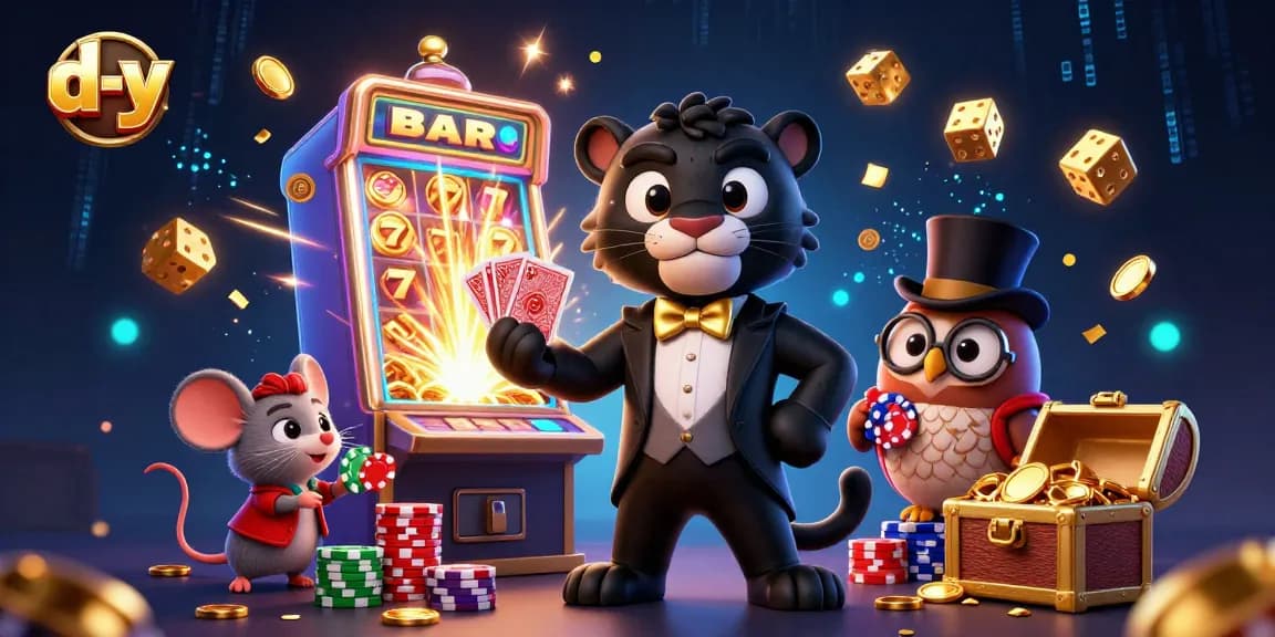 Engage in thrilling casino action at d-y with a panther dealing cards and an owl with poker chips.