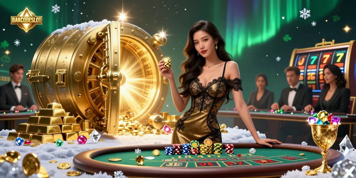 Engage with BARCODESLOT at a luxurious baccarat table, showcasing elite gambling excitement.