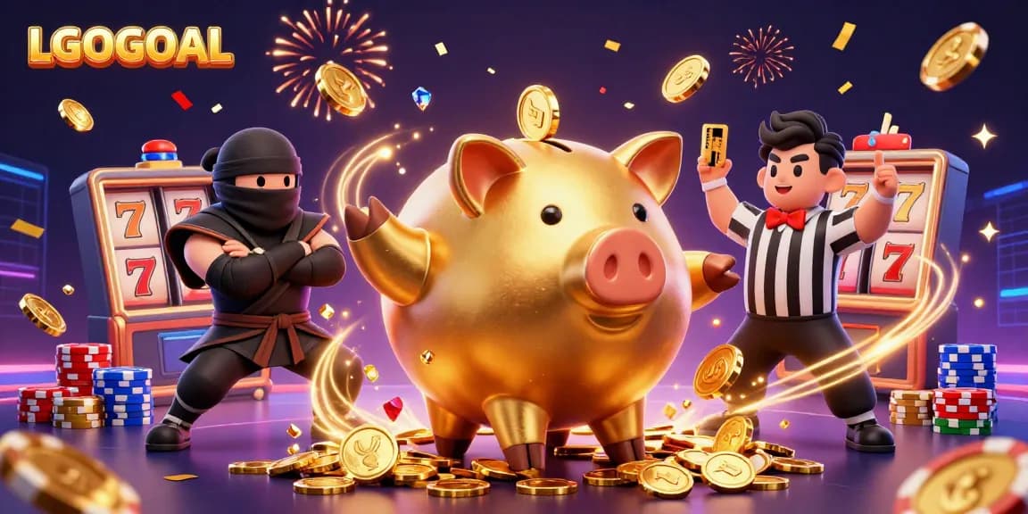 Engage with LGOGOAL's vibrant casino experience featuring the golden piggy bank character surrounded by exciting slot elements.