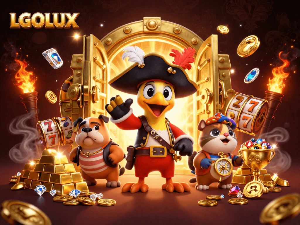 Experience LGOLUX with 3D pirate-themed digital illustration featuring dynamic treasures and characters.