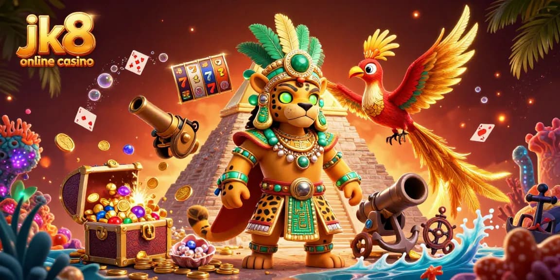 Experience thrilling gameplay at jk8 online casino with a vibrant, dynamic illustration of a Mayan-themed casino.
