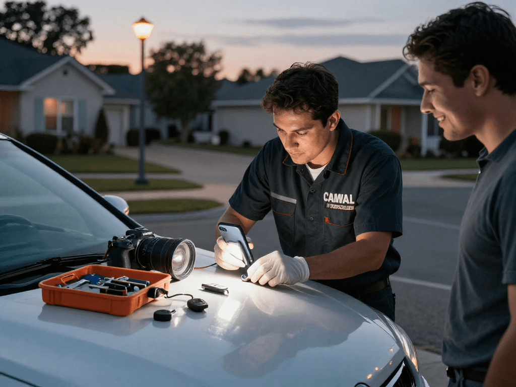 Locksmith in Tradition FL providing mobile car key services in an evening neighborhood.