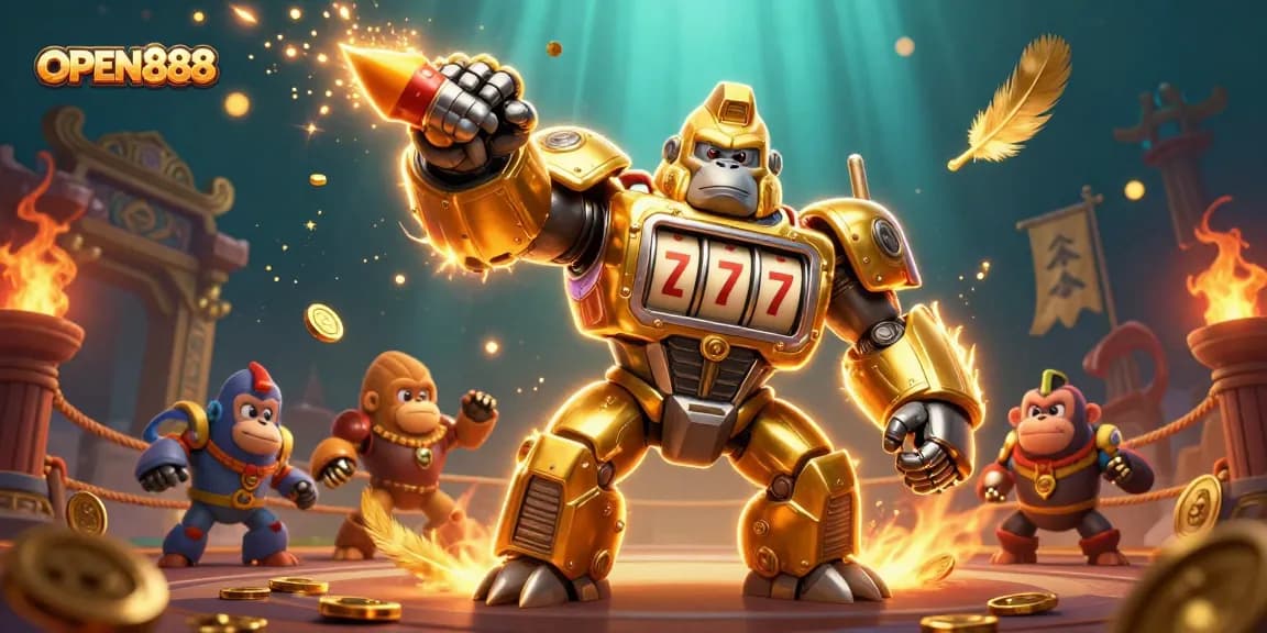 OPEN888 showcases a vibrant casino scene featuring a mech and exciting gambling elements.