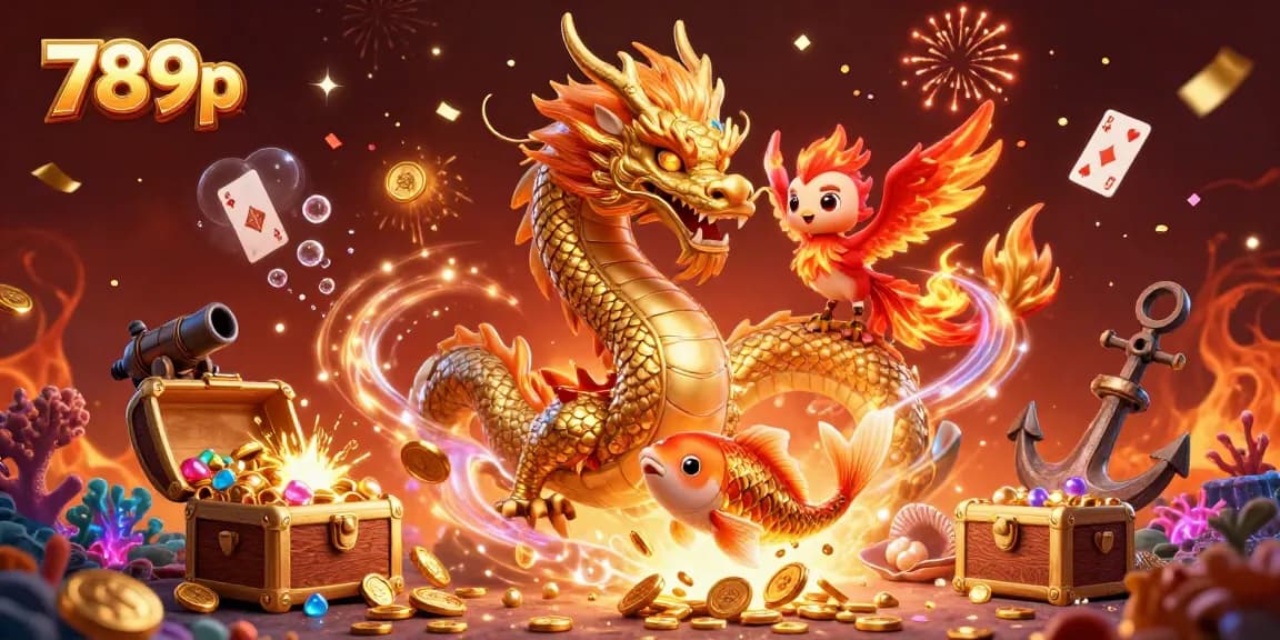 Play and win with 789p in this vibrant casino illustration featuring a dragon and phoenix amidst treasures.