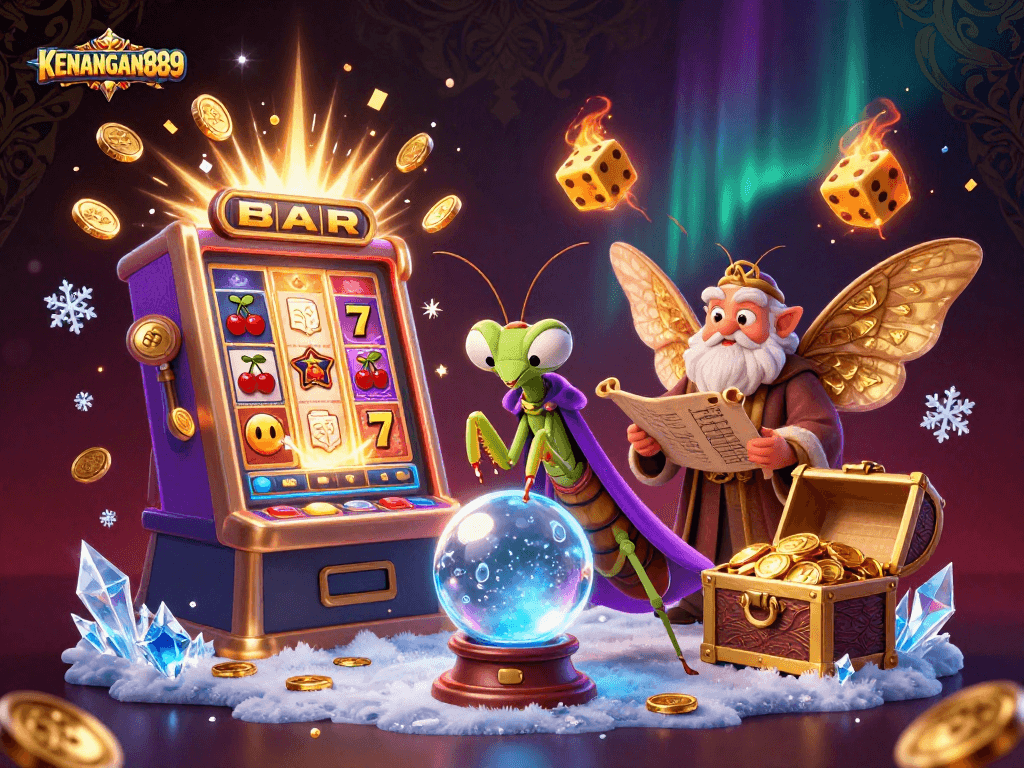 Experience thrilling jackpots and slot games with KENANGAN889 in this vibrant casino illustration.