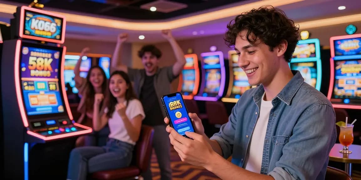 Excited user engaging with the KO66 app in a lively casino setting, showcasing promotional bonus.
