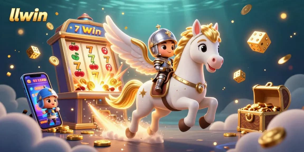 Experience the excitement of llwin casino games with a knight riding a celestial horse amidst vibrant gambling elements.