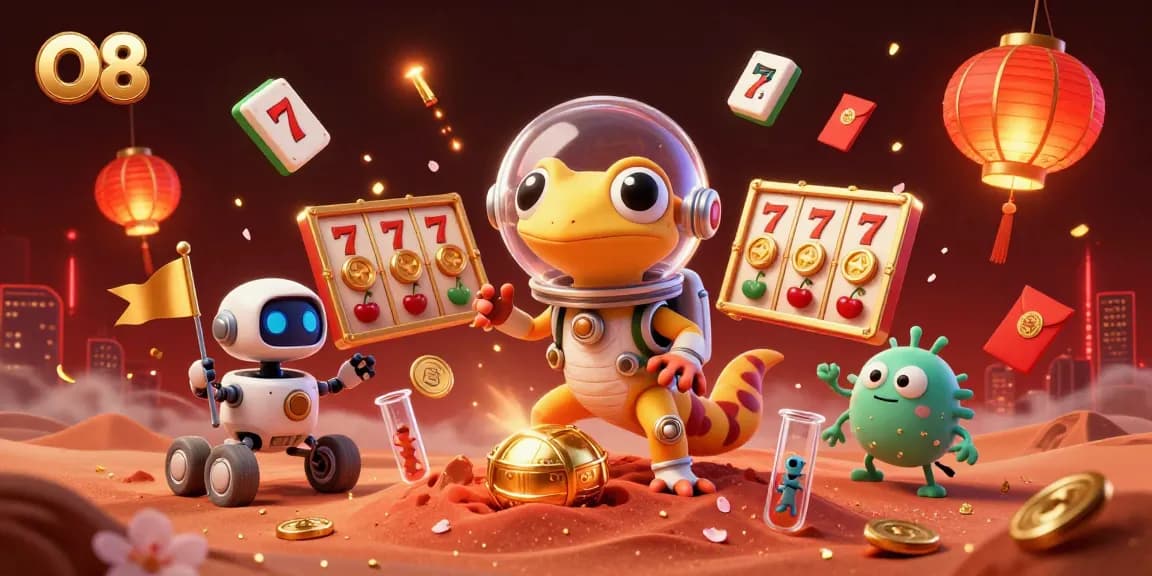O8 players win big with a Martian gecko discovering a buried casino while celebrating golden jackpots.