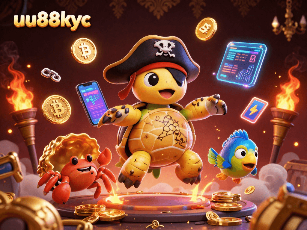 Engage with uu88kyc's vibrant treasures as an adventurous turtle joins a hermit crab and parrotfish.