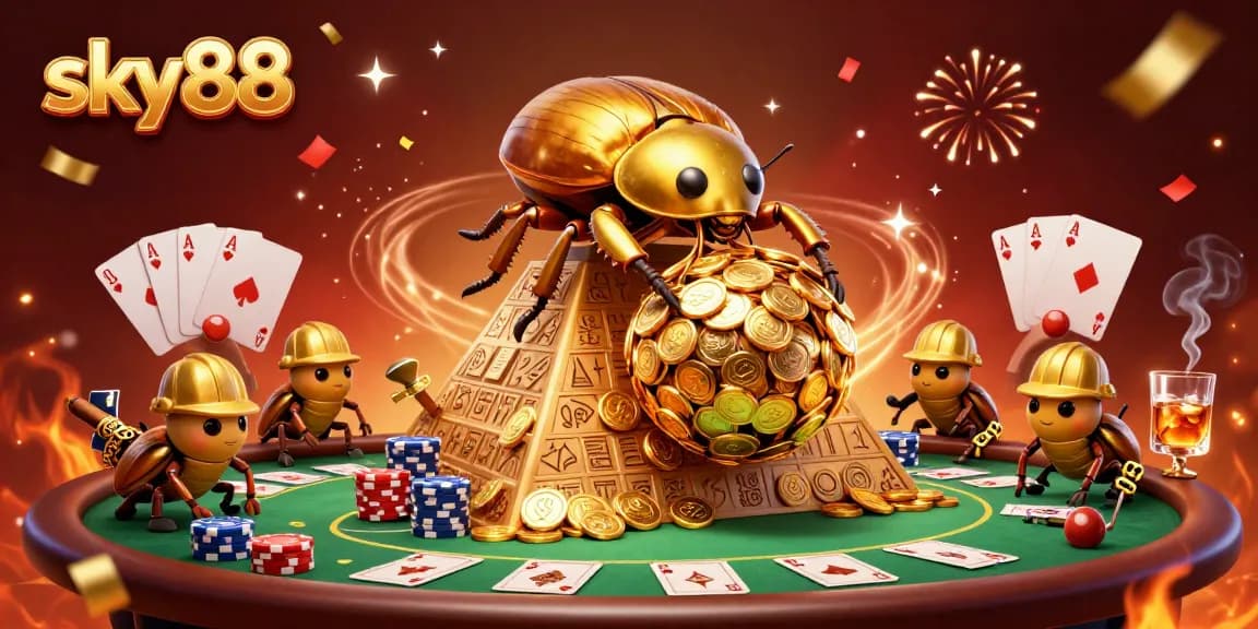 Sky88 showcases a dynamic scene of beetles rolling coins, surrounded by vibrant casino elements.