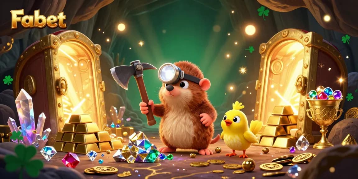Experience the thrill of Fabet with treasure hunting moles and glamorous rewards in a dazzling casino scene.