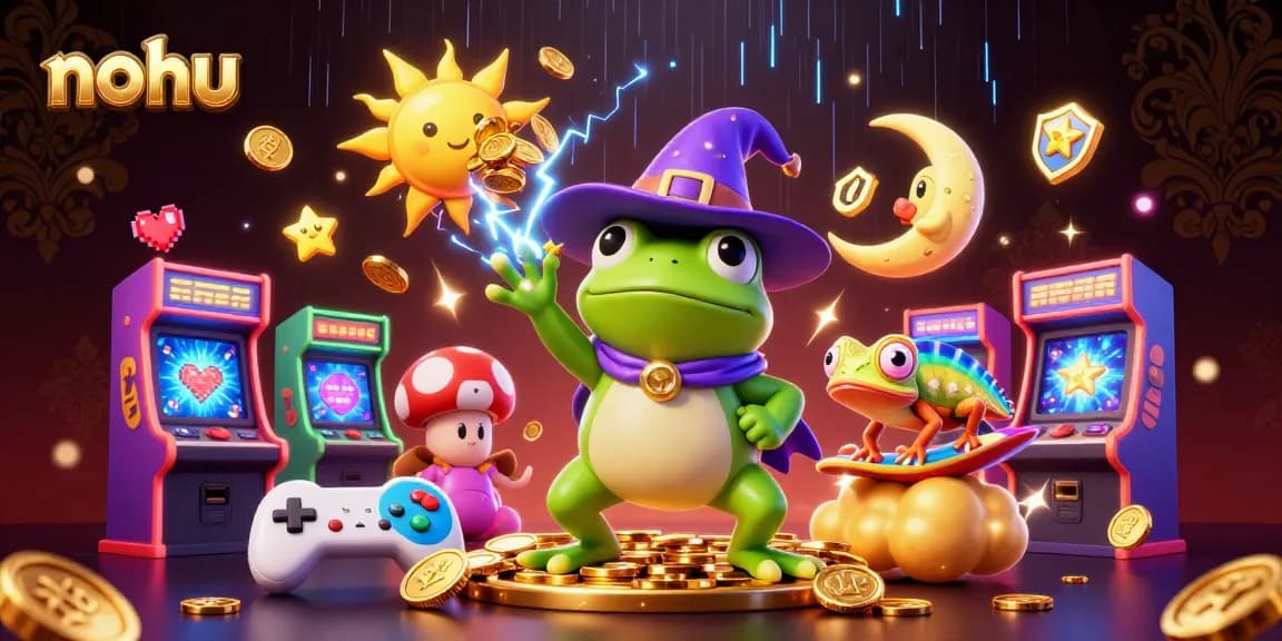 NoHu casino-themed digital illustration depicting a wizard frog and a chameleon surrounded by gold coins.