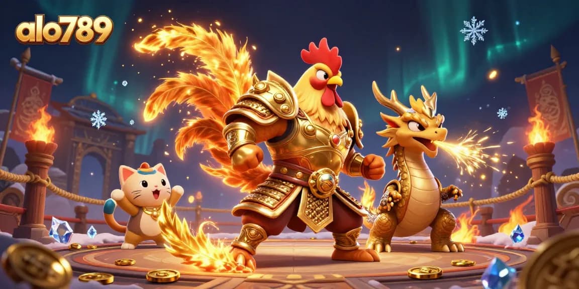 Bet on thrilling cockfighting action at alo789 with a powerful rooster and dragon in a vibrant arena.
