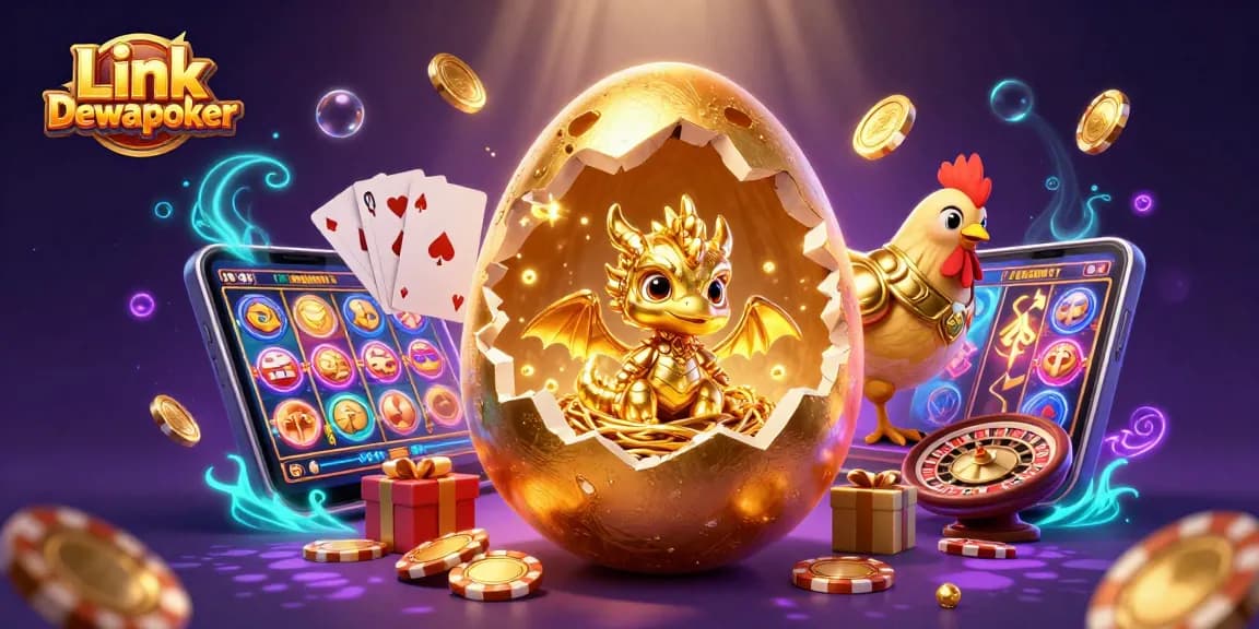 Play and win at Link Dewapoker, featuring a sparkling golden dragon and vibrant casino elements.