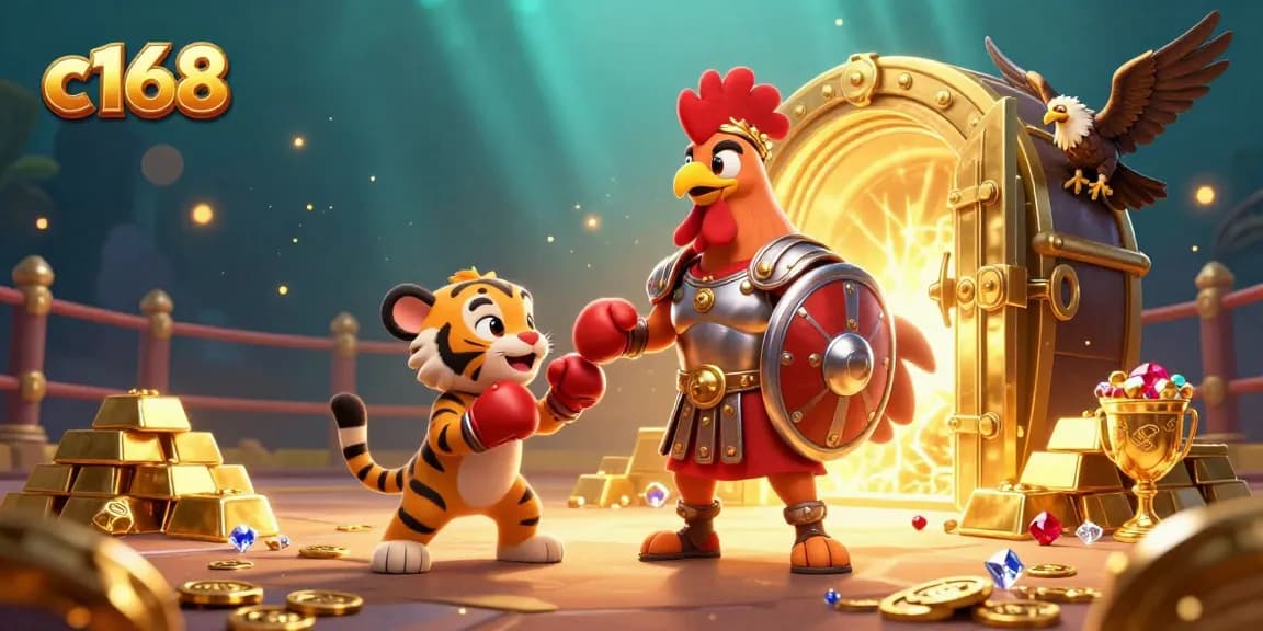 Experience thrilling cockfighting action at c168 featuring a gladiator rooster and treasures.