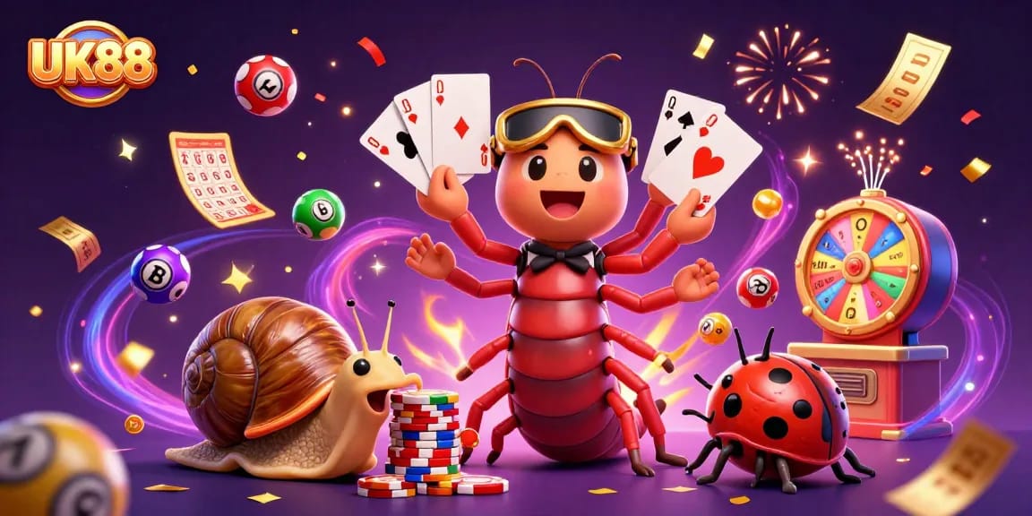 Win big with UK88 at this vibrant casino scene featuring colorful game elements and characters.