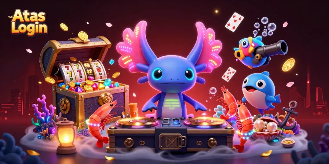 Engage with Atas Login for reliable gaming access, featuring vibrant casino elements and characters.