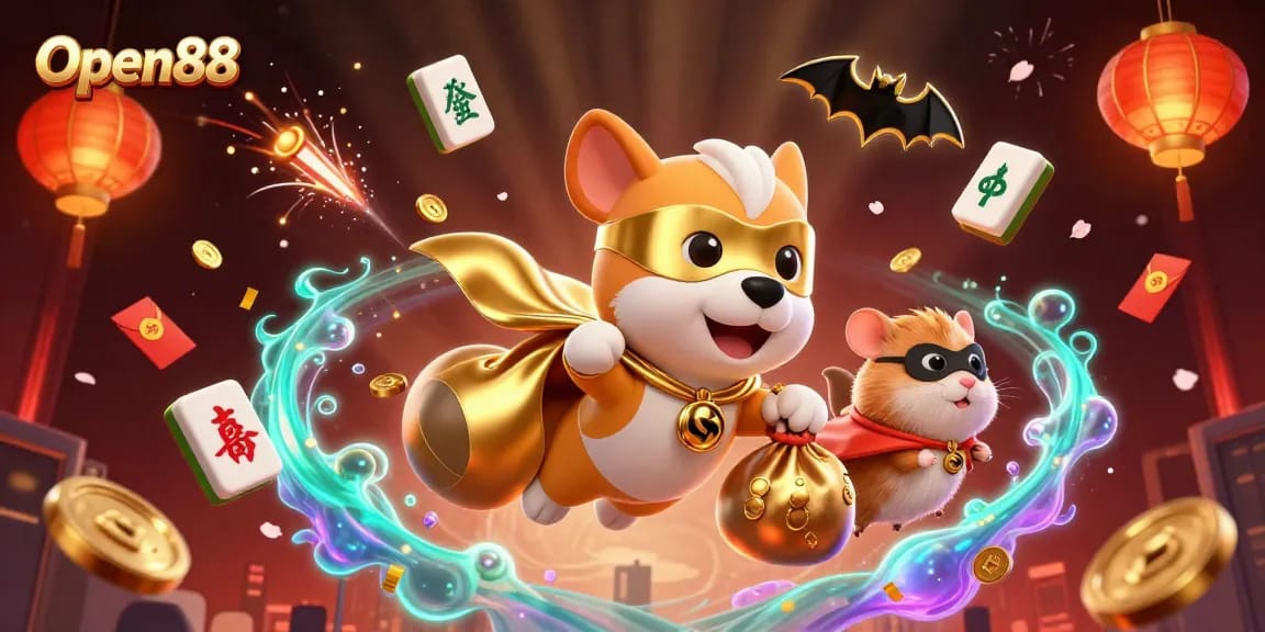 Open88 features 3D cartoon superhero dog flying with gold coins in a vibrant online casino scene.
