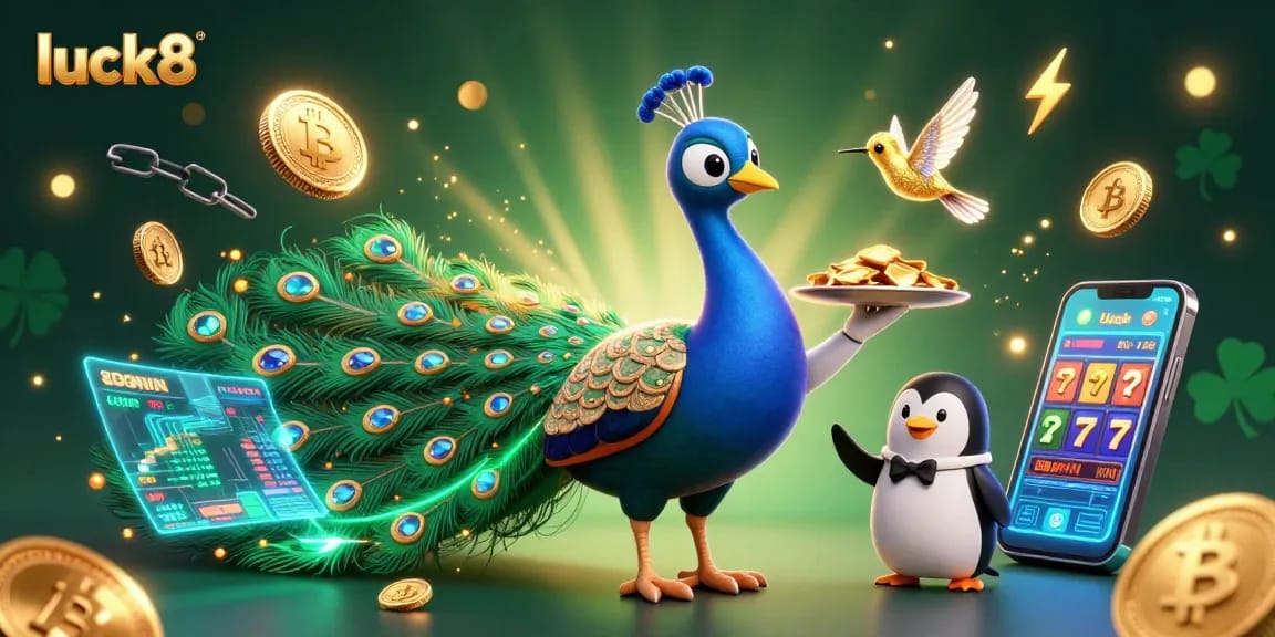 Experience luck8 game excitement with vibrant 3D characters amidst flashy casino elements.