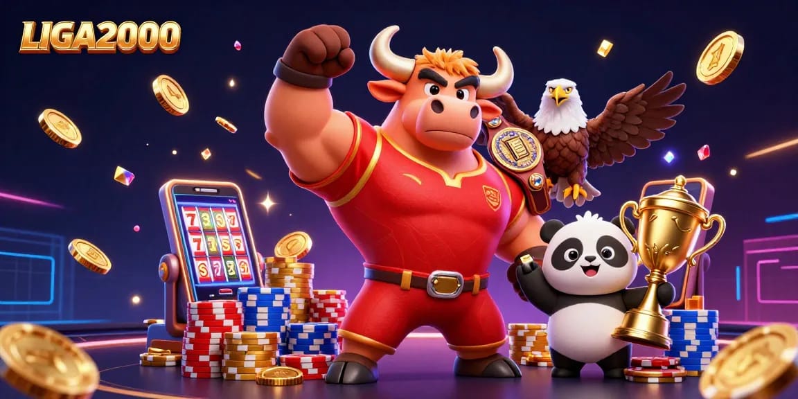 LIGA2000 menampilkan adegan dinamis dengan maskot banteng 3D yang menang besar di lingkungan kasino.
