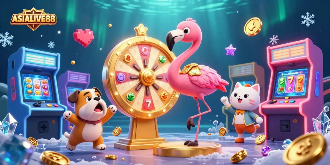 Engage with ASIALIVE88's vibrant casino experience featuring a flamingo host and exciting game elements.