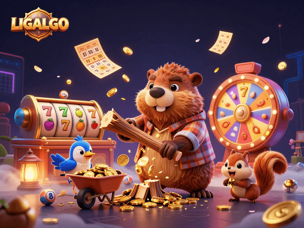 LIGALGO offers thrilling gameplay with a beaver character enjoying slot reels and a prize wheel in a dynamic gambling scene.