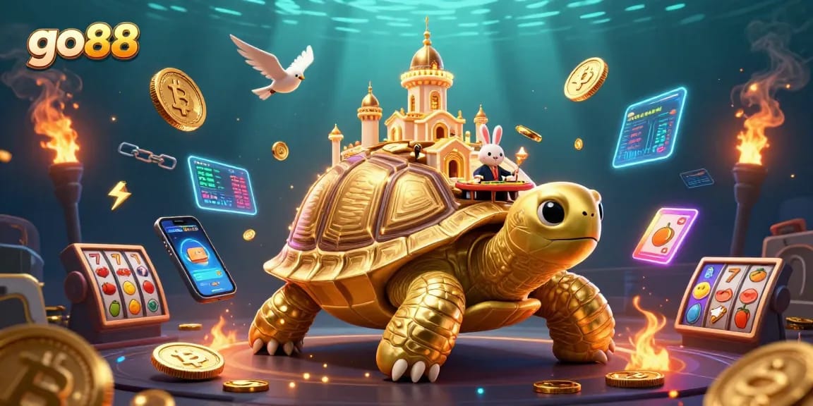 Go88 harnesses the thrill of winning with dynamic slots featuring a golden tortoise and bright casino elements.